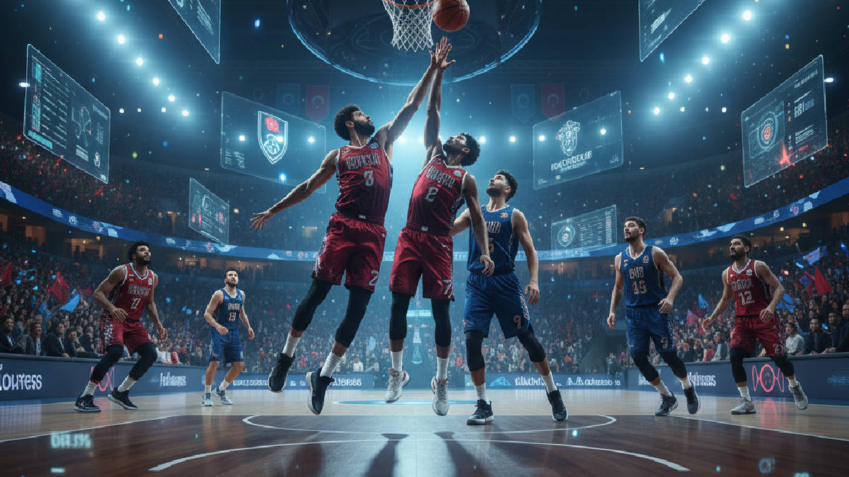 Hitpot basketbol bahisleri için yüksek tempolu bir basketbol maçı atmosferi.